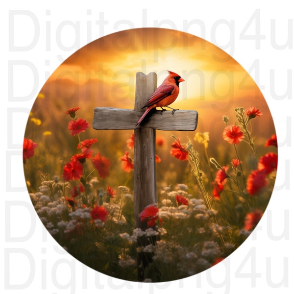 cardinal and cross round png sublimation digital design download wreath sign wind spinner cutting board image png