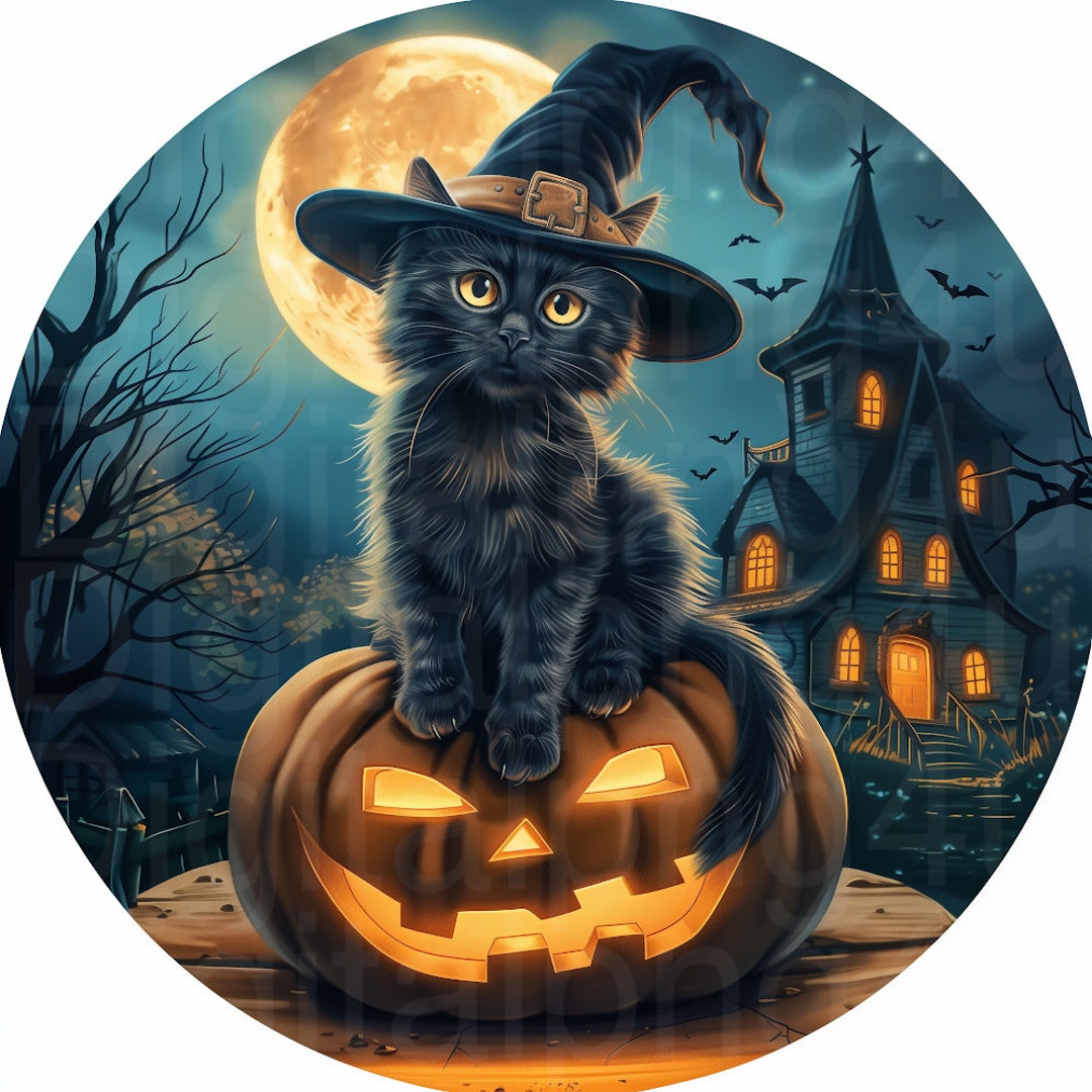 Cat Halloween Black Cat and Jack O Lantern Round PNG Sublimation ...