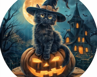 cat Halloween black cat and jack o lantern round PNG sublimation digital design download wreath sign wind spinner cutting board image PNG