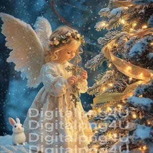 May include: A young girl dressed as an angel with white wings holds a gold cross in front of a snowy Christmas tree with white lights. A white rabbit sits in the snow in the foreground.