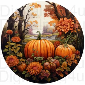 May include: A circular illustration of a fall scene with pumpkins and flowers. Three large orange pumpkins are in the foreground, surrounded by smaller pumpkins, orange chrysanthemums, and fall foliage. The background shows a river and trees.