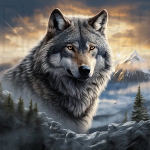 Könnte beinhalten: Detaillierte digitale Malerei eines grauen Wolfes mit bernsteinfarbenen Augen, vor dem Hintergrund einer Bergkette und eines bewölkten Himmels. Das Fell des Wolfes ist detailliert dargestellt, die Szene vermittelt Wildnis.