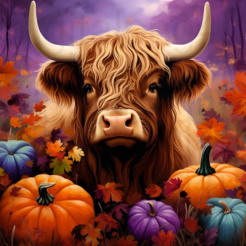 Beautiful Highland Cow Fall Pumpkins Png Sublimation Digital Design ...
