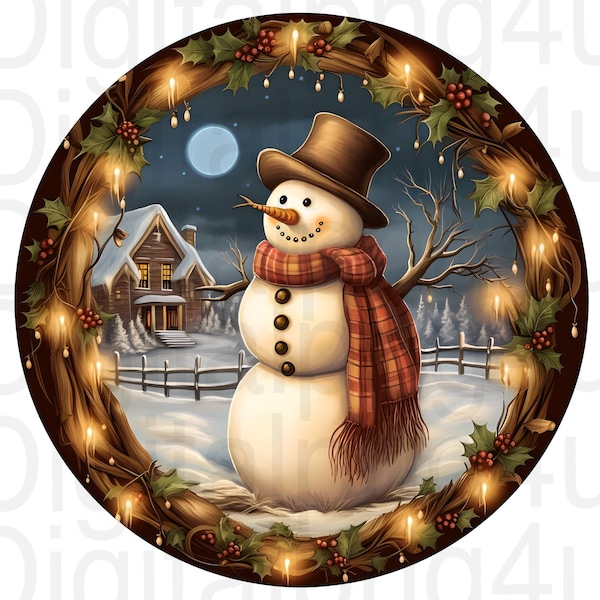 Snowman rustic Christmas round png sublimation digital design download wreath sign wind spinner cutting board image Christmas ornament png