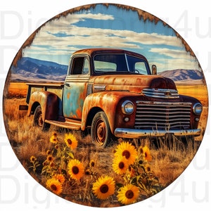 Vecchio camion d'epoca, girasoli che cadono rotondi png, design digitale a sublimazione, download, ghirlanda, cartello, girandola, tagliere, immagine