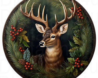 Deer buck Christmas round png sublimation digital design download wreath sign wind spinner cutting board image Christmas ornament deer png