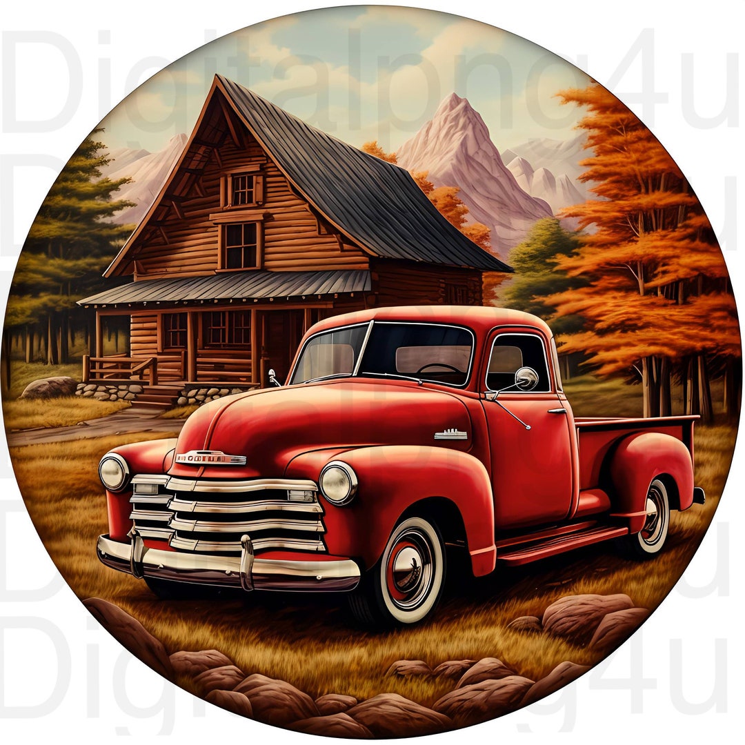 Old Red Truck and Log Cabin in the Fall Round Png Sublimation Digital ...