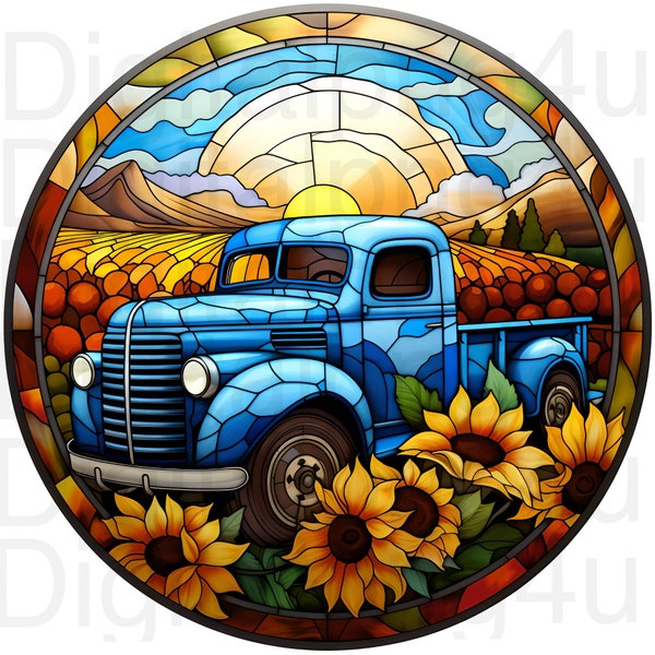 Teal truck stained glass round png sublimation digital design download wreath sign wind spinner cutting board image old vintage truck png