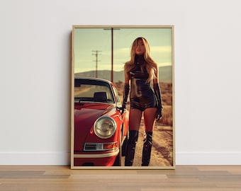 Vintage Porsche 911 Poster: Woman and Classic Car (Digital Download)