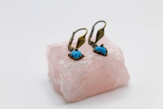 Art Deco Solid Silver Drop Earrings, 925 Turquois… - image 3