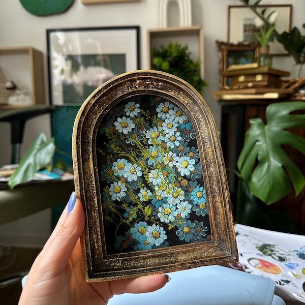 Original Framed Forget Me Not Gouache Painting Gold Arch Vintage Floral Wall Art