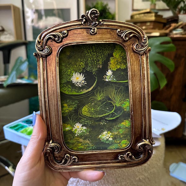 Water Lily Pond Gouache Painting, Vintage Gold Frame
