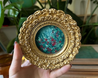 Original Botanical Gouache Painting, Round Ornate Gold Framed Floral Art