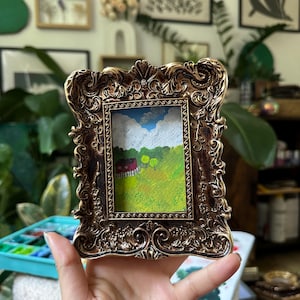 Framed French Countryside Garden Painting: Vintage Green Gouache Landscape