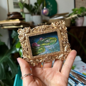 Monet-Inspired Water Lilies Gouache Painting in Vintage Gold Frame | Original Floral Pond Artwork | Impressionist Wall Decor | Gift for Him