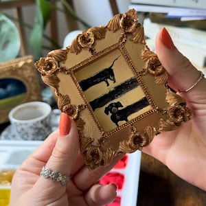 Dachshund Gouache Painting in Vintage Gold Frame: Miniature Dog Art