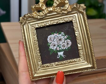 Miniature Framed Floral Gouache Painting Antique Gold Square Vintage Wall Art