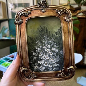 Framed Daisy Gouache Painting: Vintage Floral Cottagecore Wall Art