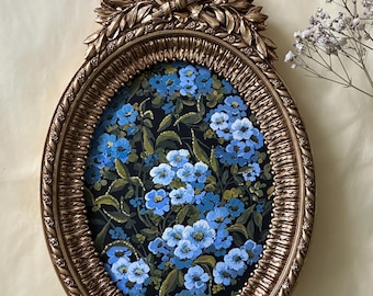Blue Flowers Painting in Ornate Crested Frame, Royal Blue and Black Floral Wall Art