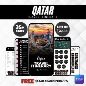 Puede incluir: Un itinerario de viaje digital para Qatar, mostrado en varios teléfonos inteligentes. La pantalla principal muestra un paisaje urbano al atardecer. El texto incluye "Qatar Travel Itinerary", "35+ Pages" y "Edit in Canva."