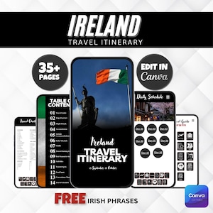 Puede incluir: Plantilla digital de itinerario de viaje a Irlanda con el texto "Ireland Travel Itinerary" y las fechas "15 de septiembre - 15 de octubre". La plantilla incluye una tabla de contenidos, un programa diario y una guía de viaje. Editable en Canva.