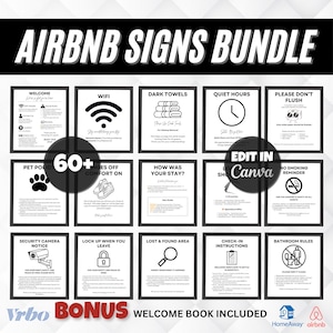May include: A bundle of Airbnb signs with various instructions and reminders. The signs include "Welcome", "Wifi", "Dark Towels", "Quiet Hours", "Please Don't Flush", "Pet Policy", "Shoes Off", "How Was Your Stay?", "No Smoking", "Security Camera Notice", "Lock Up When You Leave", "Lost & Found Area", "Check-in Instructions", and "Bathroom Rules".