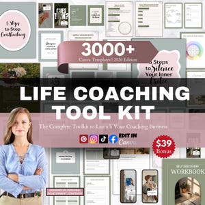 May include: A promotional image for a life coaching toolkit. The image features a woman and various templates, including a workbook and session notes. Text includes "Life Coaching Tool Kit," "3000+ Canva Templates," and "5 Steps to Silence Your Inner Critic."
