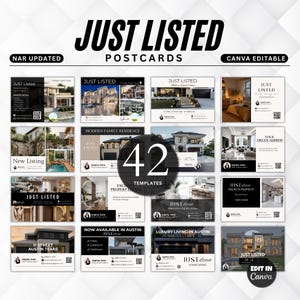 May include: A collection of 42 "Just Listed" postcards with various real estate property images. The postcards are Canva editable and include text such as "Modern Family Residence" and "Luxury Living in Austin".