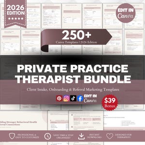 Peut inclure: Un ensemble de plus de 250 modèles numériques pour thérapeutes en cabinet privé, incluant des formulaires d'admission, d'intégration et de marketing. L'édition 2026 propose des documents Canva modifiables avec une mise en page professionnelle.