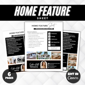 May include: A black and white Home Feature Sheet template with the text "Home Feature Sheet" at the top. The sheet includes features, photos, and contact information for a real estate listing. The sheet is offered at $900,000.