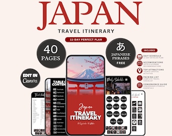 May include: A digital Japan travel itinerary with a red and white theme. The design includes a phone mockup displaying the itinerary, icons, and text such as "40 pages", "Japanese phrases free", and "Instant Download".