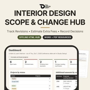 May include: The Digital Drift Interior Design Scope & Change Hub digital dashboard interface displays project tracking metrics, including open tasks, overdue tasks, and pending client decisions, with sections for project status and financial summaries.
