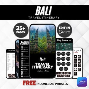 Puede incluir: Un itinerario de viaje digital a Bali que se muestra en varios teléfonos inteligentes. La pantalla principal muestra una vista panorámica de la entrada de un templo. Otras pantallas muestran una tabla de contenidos, un horario diario y una guía de viaje.