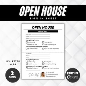 Editable Open House Sign In Sheet, Realtor Template (Digital Download)