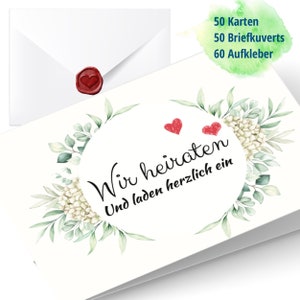 50 Einladungskarten Hochzeit mit Umschlägen & Stickern im Wax-Siegel-Design | Hochzeitseinladung Klapp-Karten DIN A6 | Boho Hortensie