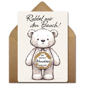 Personalisierter Gutschein Rubbelkarte "Teddy" mit individualisiertem Text im Bauch | mit Kraftkarton-Umschlag und goldenem Rubbelaufkleber