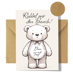 Rubbelkarte zum selbst Beschreiben | Set mit Kraftkarton Umschlag, und goldenem Rubbelaufkleber "Teddy"