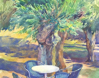 Rhodes Island Cafe Watercolor Art Print, Mediterranean Coastal Landscape (Digital Download)