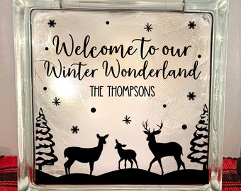 Custom Family Home Decor, Beautiful Winter Decor Deer Christmas Scene Glass Block,  Holiday Decoration, Christmas, Glass Block Fairy Lights