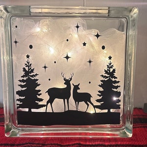 Può includere: Un blocco di vetro con sfondo bianco e una silhouette nera di due cervi in piedi in un bosco con alberi e stelle. Il blocco è illuminato dall'interno con luci bianche.