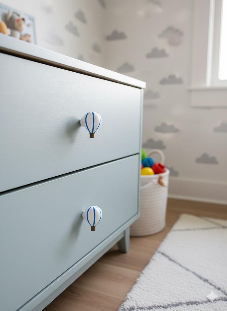 May include: A light blue dresser with two drawers, each adorned with a white and blue hot air balloon knob. The knobs have a brown base. The dresser is in a nursery setting with a cloud-patterned wallpaper and a white rug.
