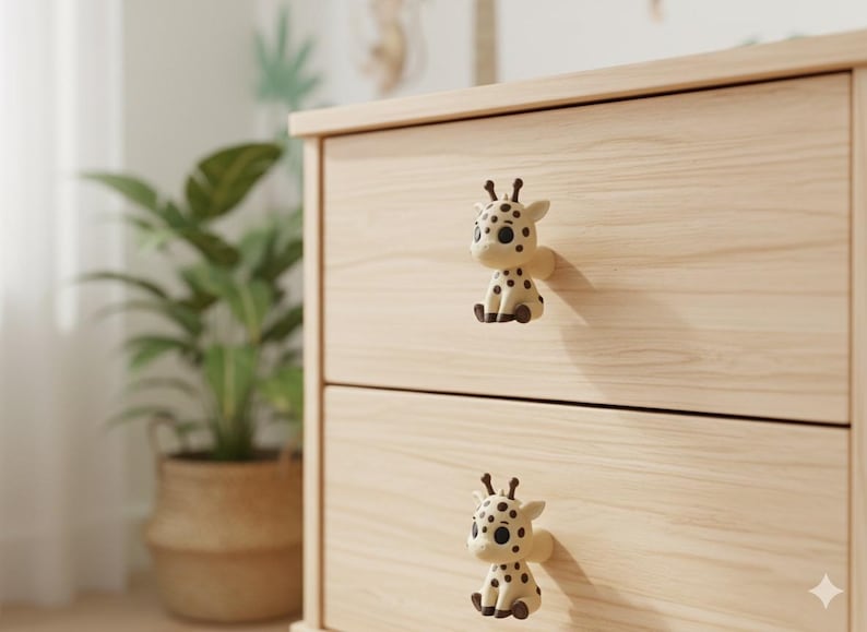 Peut inclure: Une commode en bois clair avec deux tiroirs, chacun orn&eacute; d'un bouton en forme de girafe. Les boutons sont de couleur cr&egrave;me avec des taches noires, et la girafe est en position assise. Une plante en pot est en arri&egrave;re-plan.