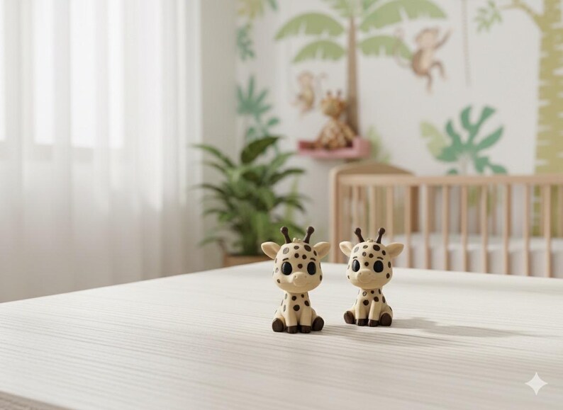 Peut inclure: Deux petites figurines de girafe avec des taches noires et de grands yeux sont pos&eacute;es sur une surface blanche. Les figurines sont beiges et marron, avec de petites oreilles et des cornes. L'arri&egrave;re-plan comprend un lit b&eacute;b&eacute; et du papier peint sur le th&egrave;me de la jungle.