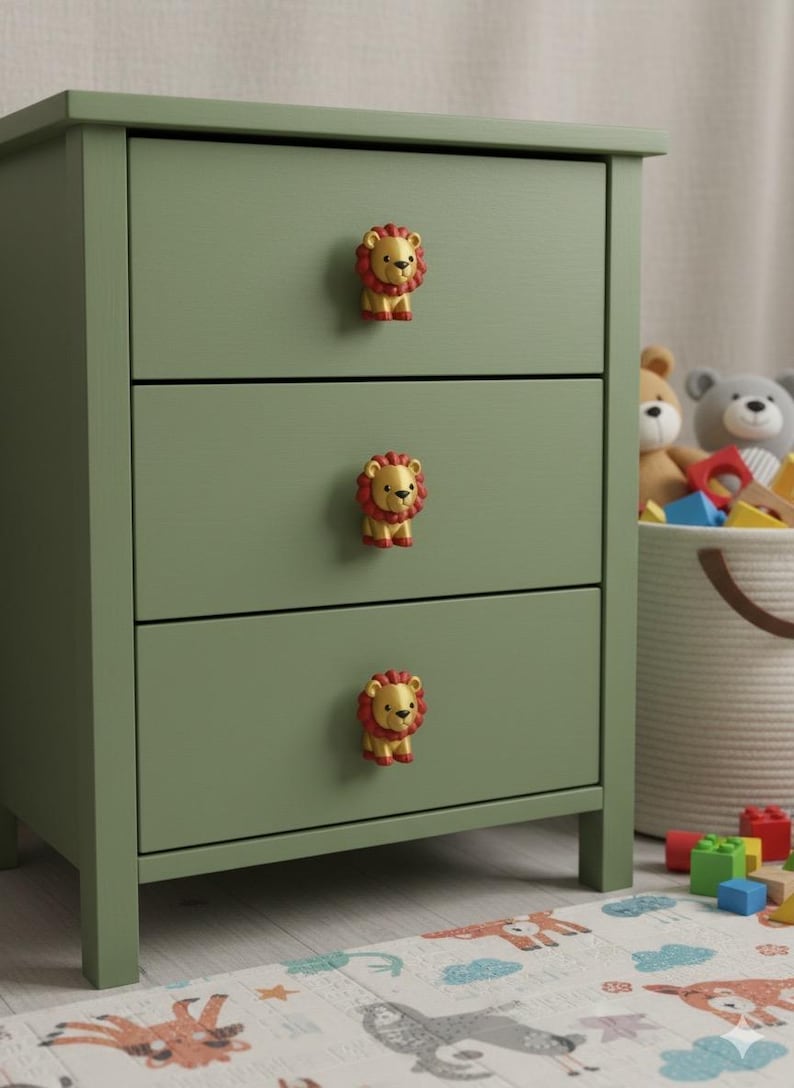 Pu&ograve; includere: Una cassettiera verde salvia a tre cassetti con pomelli a forma di leone. I pomelli a forma di leone sono gialli con criniere rosse. La cassettiera &egrave; in una cameretta con giocattoli sullo sfondo.