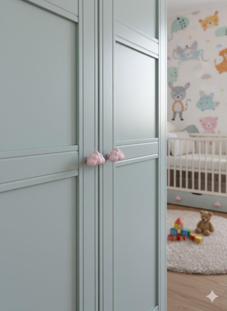 Op de afbeelding: Een lichtblauwe kledingkast met roze wolkenvormige knoppen. De kast staat in een kinderkamer met een wieg en een kleurrijke muurschildering. Een teddybeer en speelgoedblokken liggen op de vloer.