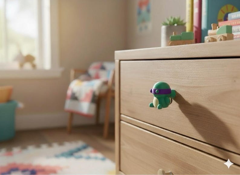 K&ouml;nnte beinhalten: Eine hellfarbene Holzkommode mit zwei Schubladen. Ein gr&uuml;ner und lila Cartoon-Charakter-Knauf ist an der oberen Schublade befestigt. Der Raum hat ein Fenster, einen Stuhl und einen bunten Teppich.