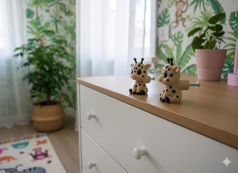 Peut inclure: Deux boutons de meuble en forme de girafe avec des taches noires et de petites cornes sont pos&eacute;s sur une surface en bois. Les boutons sont fix&eacute;s &agrave; une commode blanche &agrave; trois tiroirs. La pi&egrave;ce a un papier peint sur le th&egrave;me de la jungle.