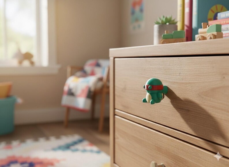 K&ouml;nnte beinhalten: Eine Kommode aus hellem Holz mit zwei Schubladen, verziert mit einem gr&uuml;nen und roten Cartoon-Knauf. Der Raum hat ein Fenster, einen Stuhl mit einer gemusterten Decke und einen Teppich.