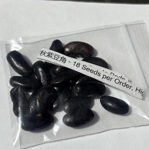 May include: A clear plastic bag filled with dark purple seeds. A white label with Japanese text and the words "18 Seeds per Order" is visible. The seeds are oval-shaped and appear to be a type of bean.