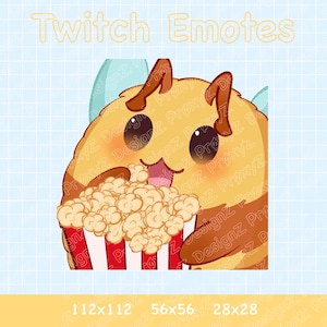 May include: A cartoon-style Twitch emote featuring a fluffy, yellow creature with brown accents, eating popcorn from a red and white striped container. The text "Twitch Emotes" is at the top, with size dimensions at the bottom.